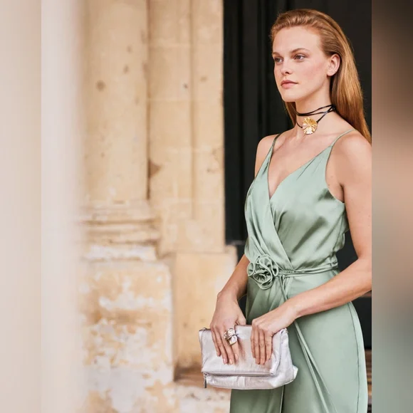 RW&Co NWT Satin Midi Cocktail Dress with Removable Flower Sash in Shale Green 12 - Picture 2 of 15